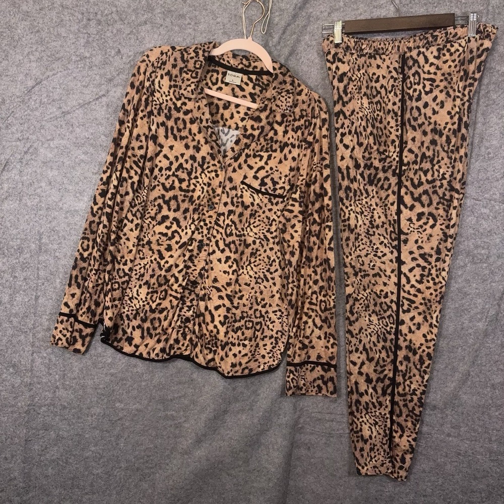 Soma Pajama Set Womens Sz M / L Brown Leopard Pockets Stretch - SIZE NOTE